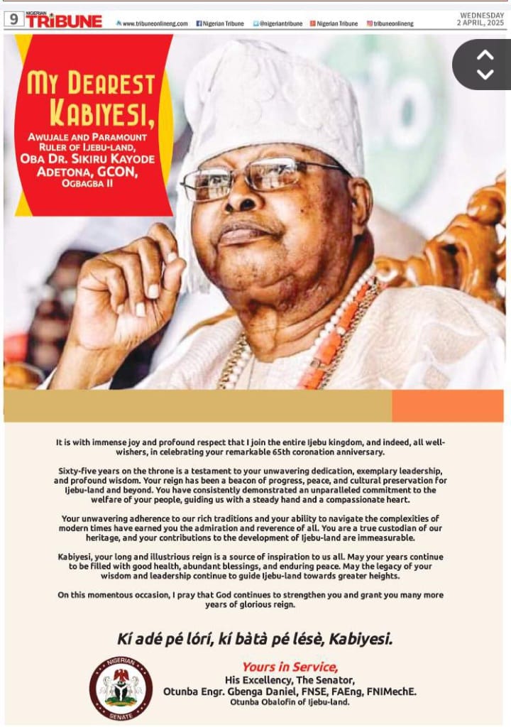 Otunba Gbenga Daniel Congratulates Oba Adetona on 65th Coronation Anniversary