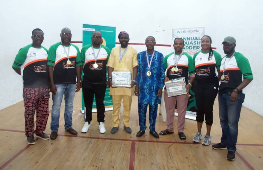 The Managing Director, WorkNigeria, Mr Femi Oyebanjo, the Captain of Squash Section, Lagos Country Club, Muazu Dahir, The Executive Vice Chairman of Worknigeria,Mr Alfred Idiodi, winner of the 2025 Worknigeria Annual Squash tournament's Most improved player of the Tournament, Bayo Solagbade, Past President of LCC and Patron in Squash Section, Arc. Funmi Bamkole,winner of the Veteran category, Marvin Ukperegbu,winner of Most games played, Chief People Officer of Worknigeria, Mrs Anne Idiodi and The Chairman Squash Section, Mr. Sesan Asani.